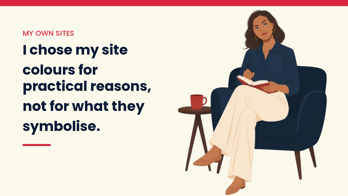 Illustration of V, the VivaMomentum character, reading a notebook in an armchair, with the words: I chose my site colours for practical reasons, not for what they symbolise.