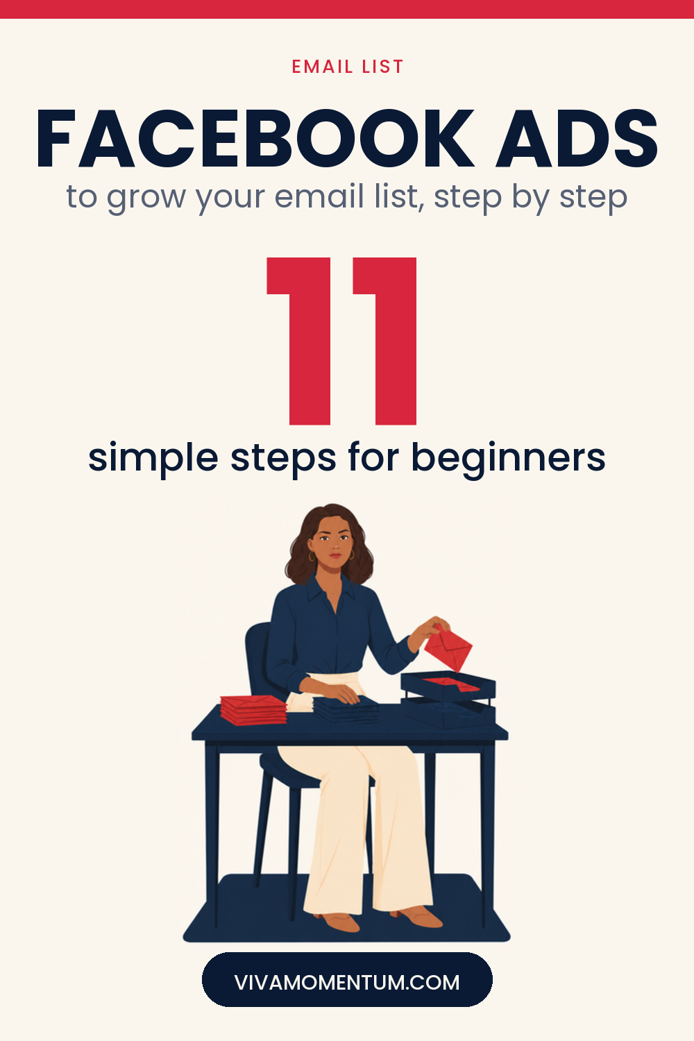 Pinterest image for this guide: V, the VivaMomentum mascot, sitting at her desk beside a stack of envelopes