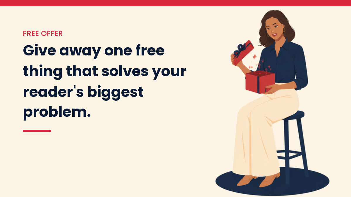 V, the VivaMomentum mascot, opening a red gift box, with the words: Give away one free thing that solves your reader's biggest problem.