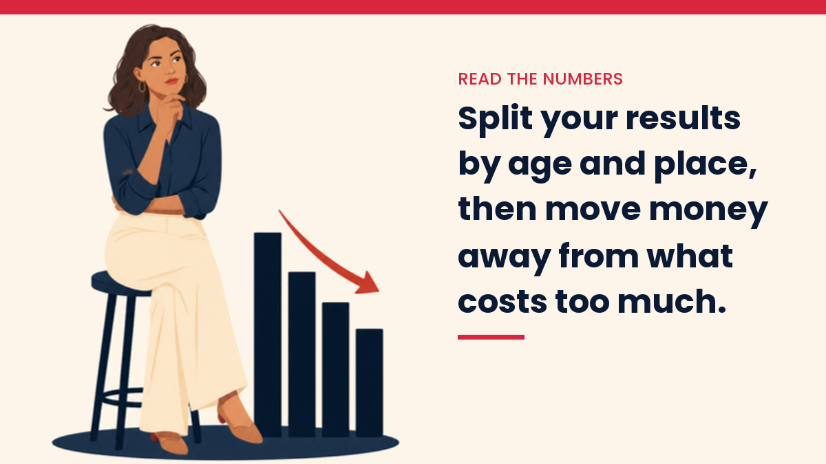 V, the VivaMomentum mascot, thinking next to a bar chart that goes down, with the words: Split your results by age and place, then move money away from what costs too much.