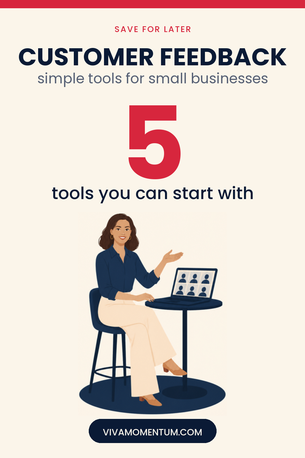 Pinterest pin: Customer Feedback, simple tools for small businesses, with V hosting a video meeting on her laptop. Save it to your Pinterest board.