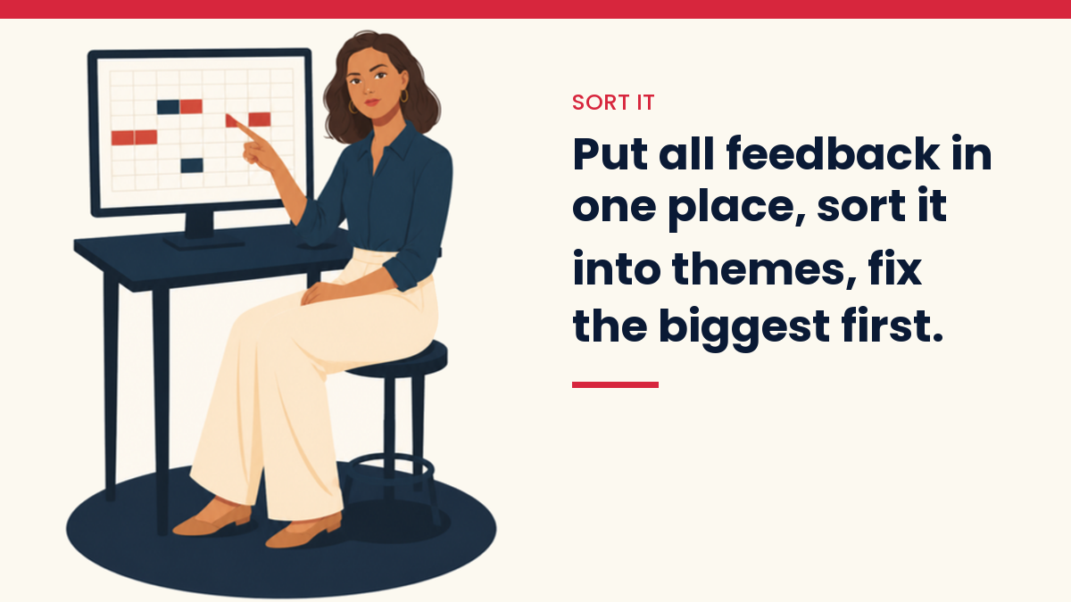 V, the VivaMomentum character, pointing at a spreadsheet on a big screen, with the words: Put all feedback in one place, sort it into themes, fix the biggest first.