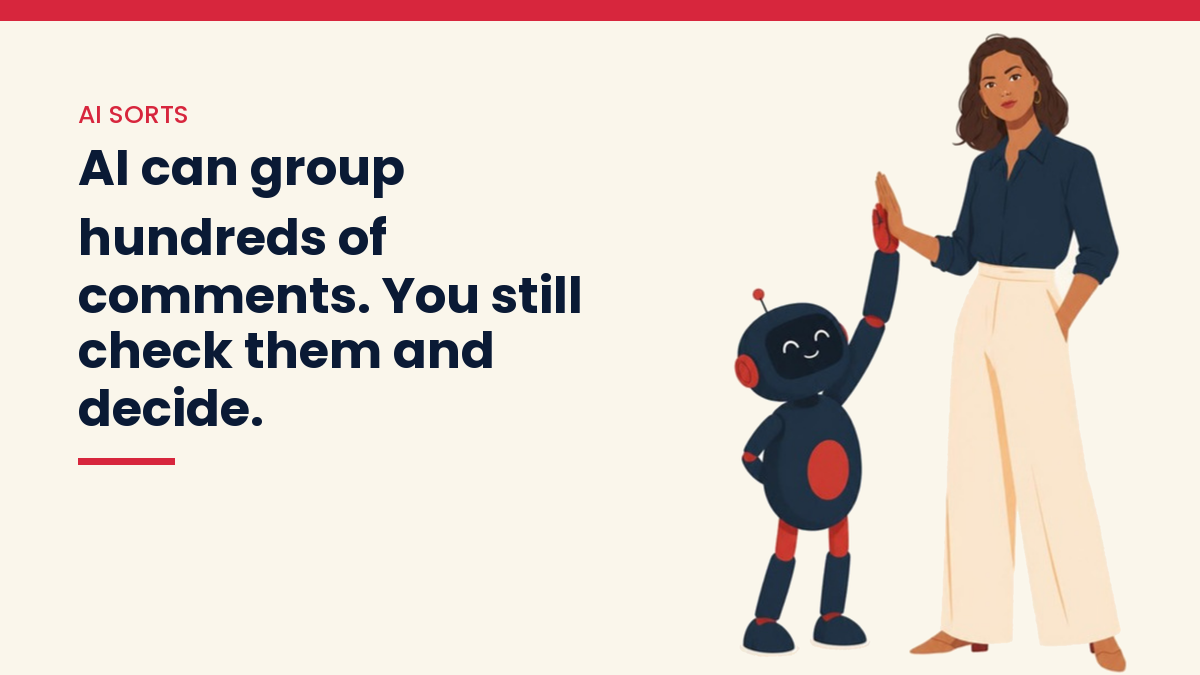 V, the VivaMomentum character, giving a friendly robot a high five, with the words: AI can group hundreds of comments. You still check them and decide.