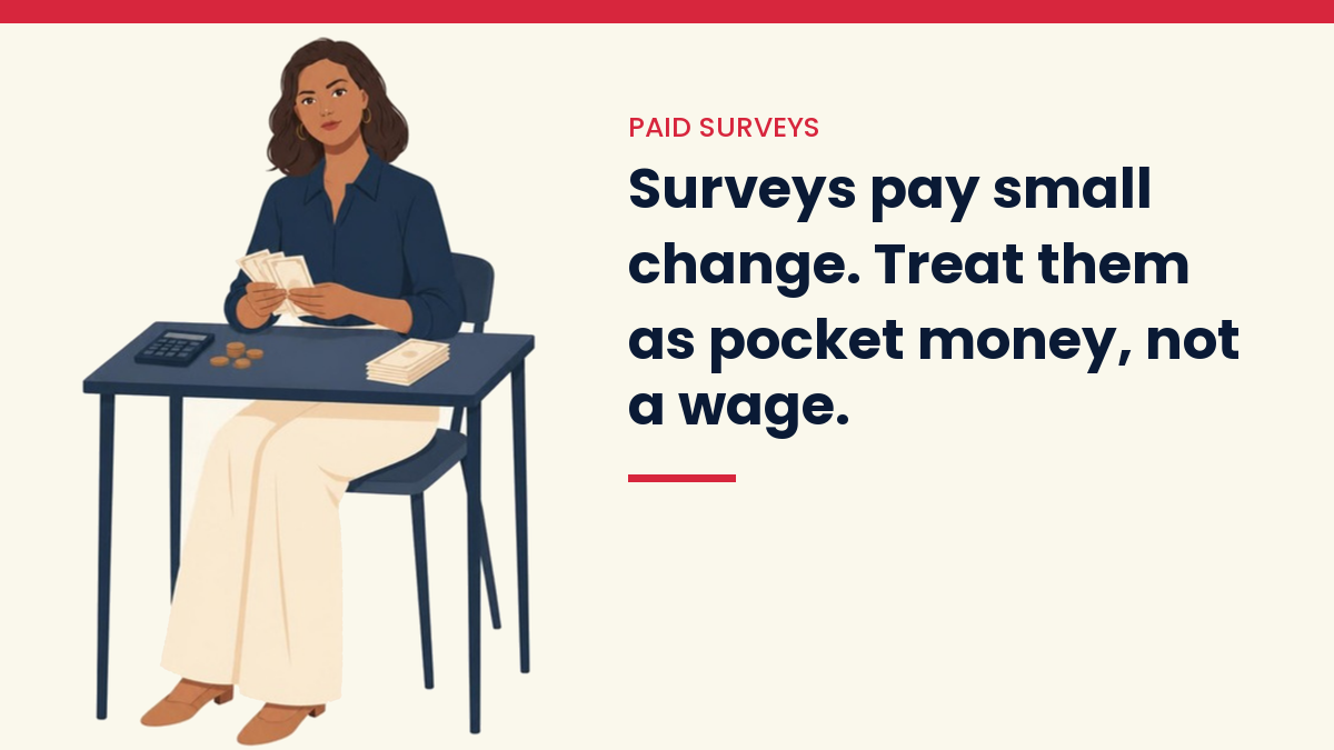 V, the VivaMomentum mascot, counting money at a desk, next to the words: Surveys pay small change. Treat them as pocket money, not a wage.