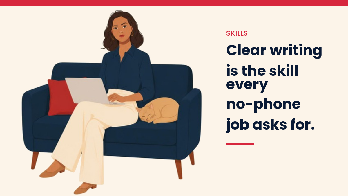 V, the VivaMomentum mascot, on a sofa with a laptop and a cat, next to the words: Clear writing is the skill every no-phone job asks for.