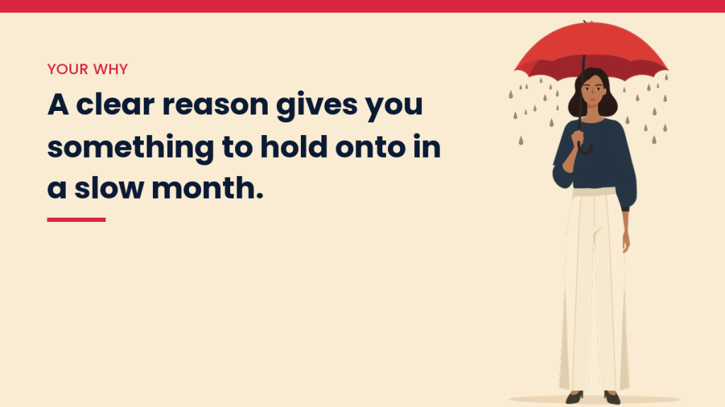 V, the VivaMomentum guide, under a small rain cloud, next to the words: A clear reason gives you something to hold onto in a slow month.