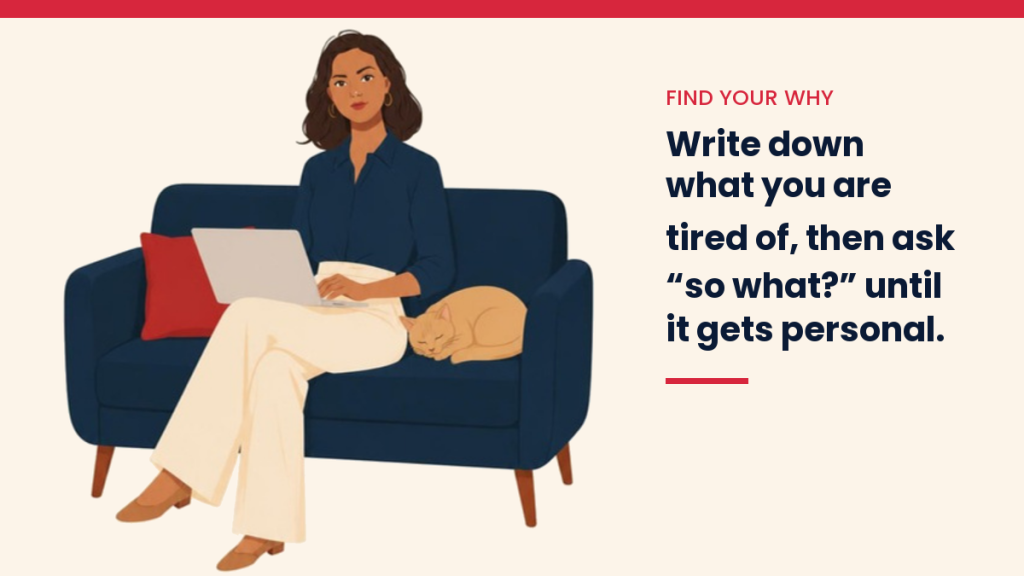 V, the VivaMomentum guide, writing on her laptop on the sofa, a cat beside her, next to the words: Write down what you are tired of, then ask “so what?” until it gets personal.