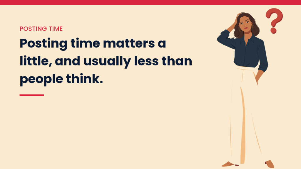 V, the VivaMomentum guide, looking puzzled, next to the words: Posting time matters a little, and usually less than people think.