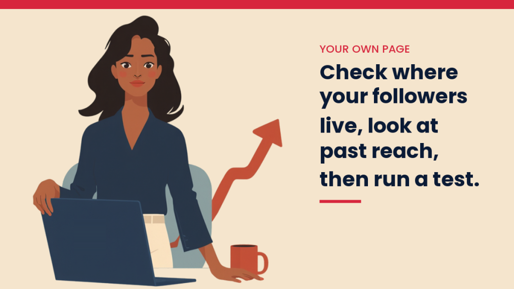 V, the VivaMomentum guide, at her laptop beside a rising chart, next to the words: Check where your followers live, look at past reach, then run a test.