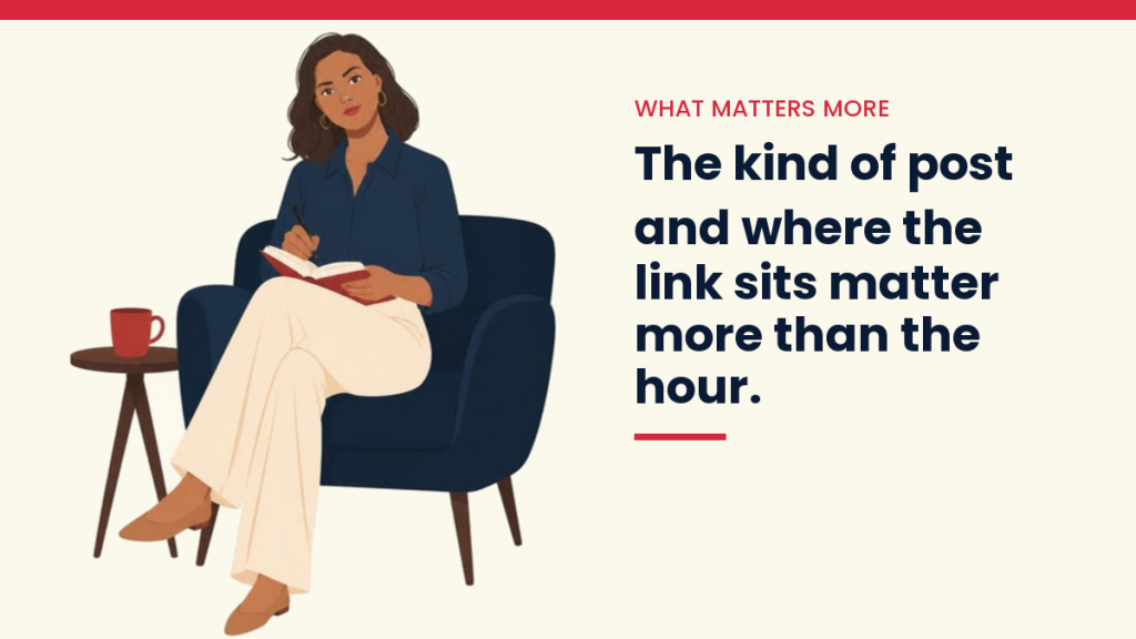 V, the VivaMomentum guide, planning in a notebook in her armchair, next to the words: The kind of post and where the link sits matter more than the hour.