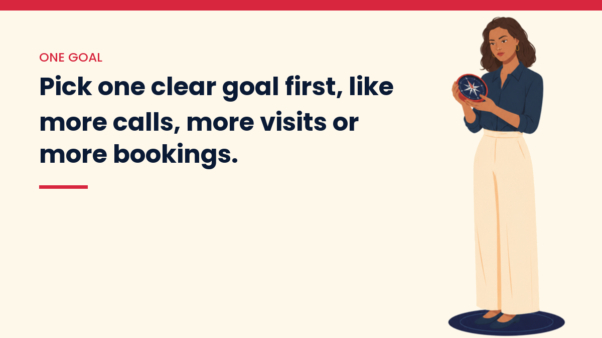 V, the VivaMomentum character, holding a compass. Text: Pick one clear goal first, like more calls, more visits or more bookings.
