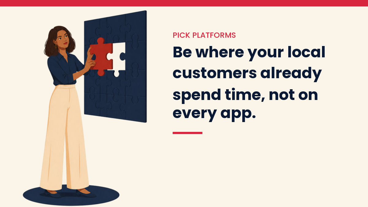 V, the VivaMomentum character, fitting a puzzle piece into a board. Text: Be where your local customers already spend time, not on every app.