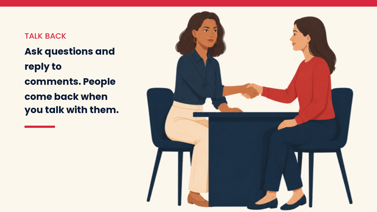 V, the VivaMomentum character, shaking hands. Text: Ask questions and reply to comments. People come back when you talk with them.