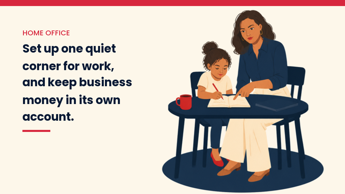 V, the VivaMomentum character, helping a child with homework at the table. Text: Set up one quiet corner for work, and keep business money in its own account.