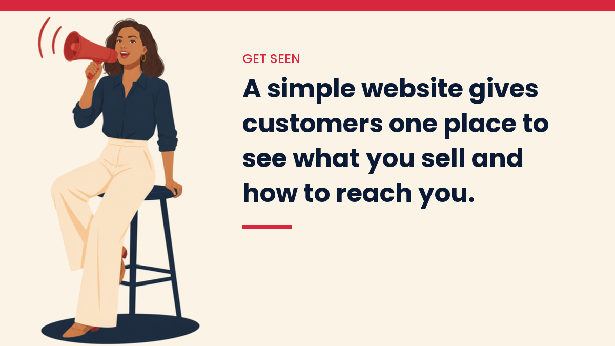 V, the VivaMomentum character, speaking into a megaphone. Text: A simple website gives customers one place to see what you sell and how to reach you.