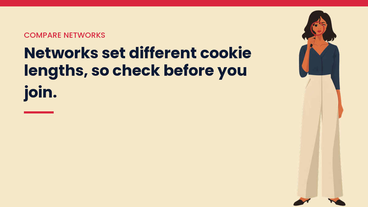 V, the VivaMomentum character, looking through a magnifying glass, with the words: Networks set different cookie lengths, so check before you join.