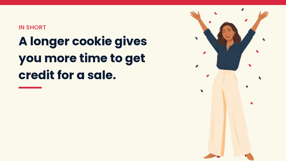 V, the VivaMomentum character, celebrating, with the words: A longer cookie gives you more time to get credit for a sale.