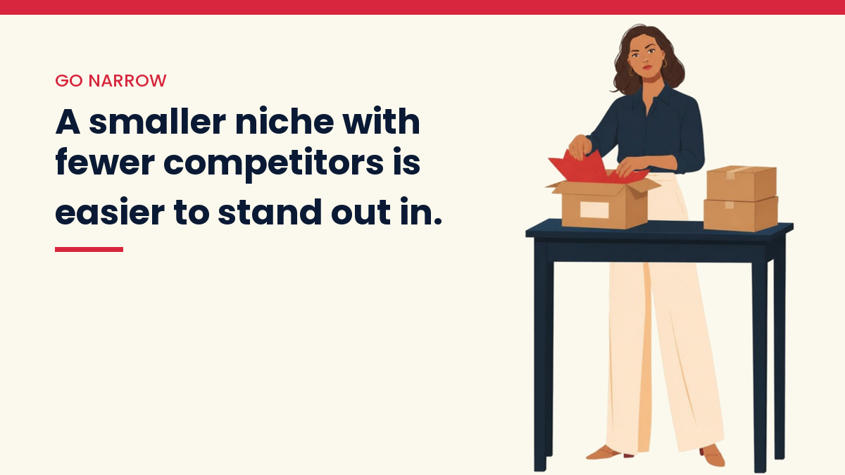 V, the VivaMomentum character, packing orders, with the words: A smaller niche with fewer competitors is easier to stand out in.
