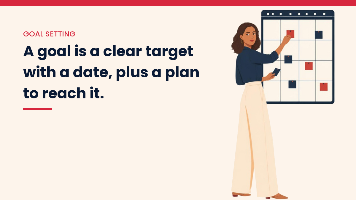 V, the VivaMomentum character, pinning notes to a wall calendar, with the words: A goal is a clear target with a date, plus a plan to reach it.