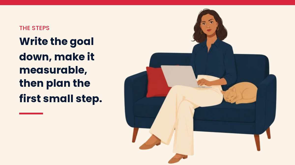 V, the VivaMomentum character, writing at her desk, with the words: Write the goal down, make it measurable, then plan the first small step.