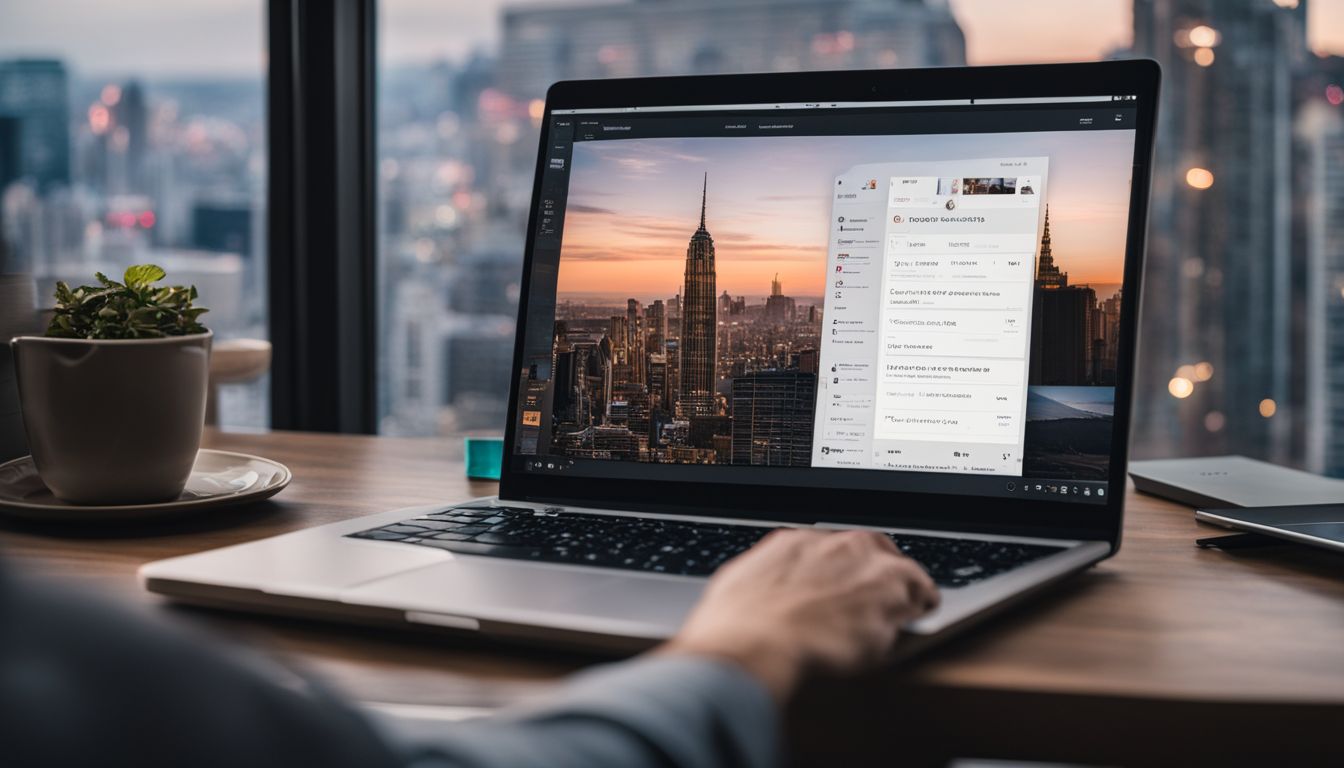 An automated scheduling tool displayed on a laptop with Pinterest pins, featuring cityscape photography and a variety of human faces. An automated scheduling tool displayed on a laptop with Pinterest pins, featuring cityscape photography and a variety of human faces.