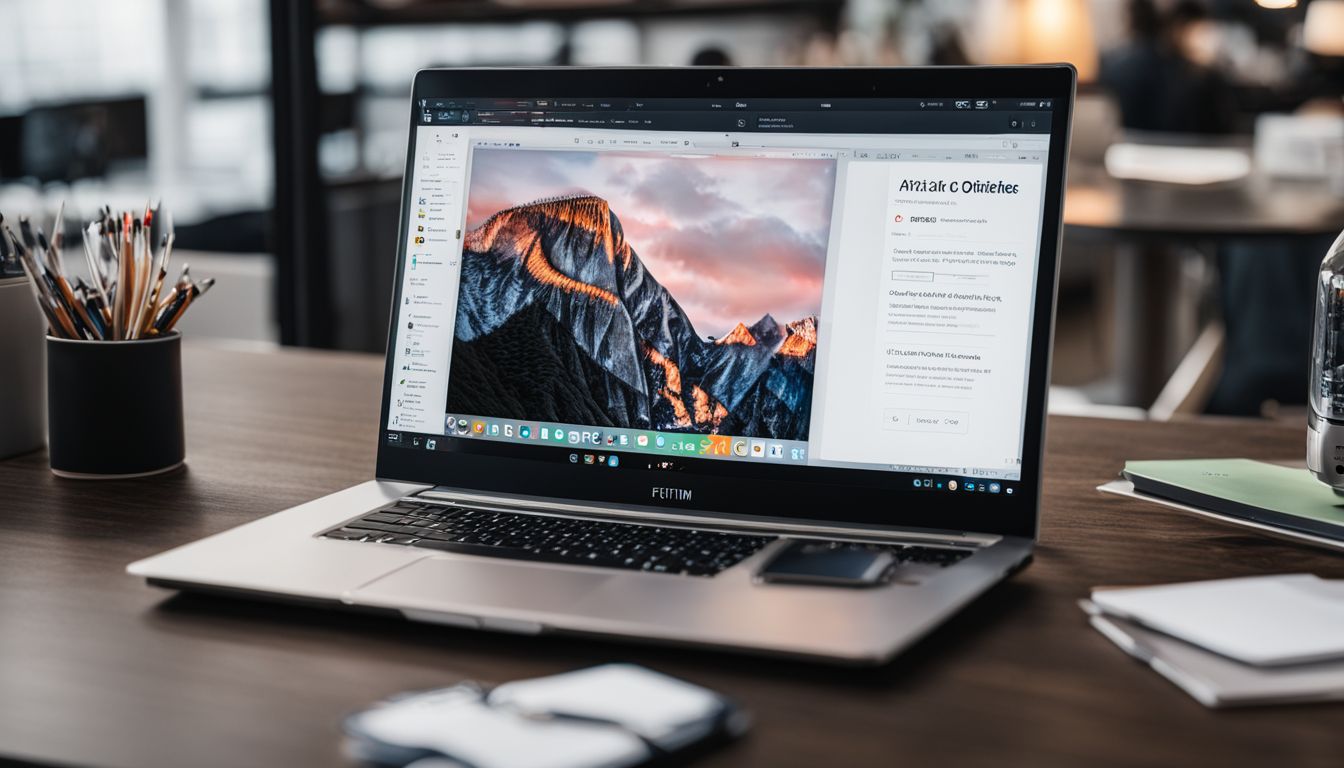 A laptop displaying a transparent affiliate link surrounded by office supplies in a bustling atmosphere. A laptop displaying a transparent affiliate link surrounded by office supplies in a bustling atmosphere.