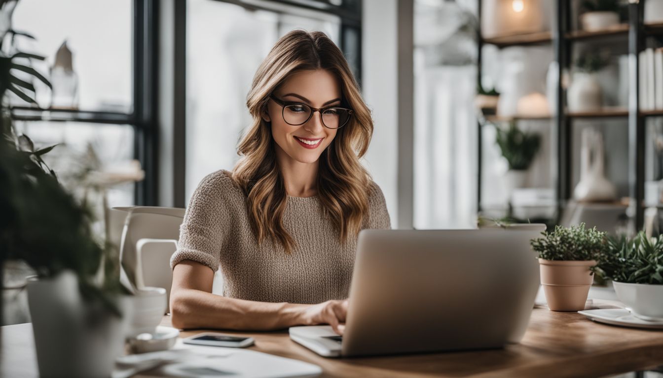 A woman is using a laptop to research Pinterest affiliate marketing tips in a modern office setting. A woman is using a laptop to research Pinterest affiliate marketing tips in a modern office setting.