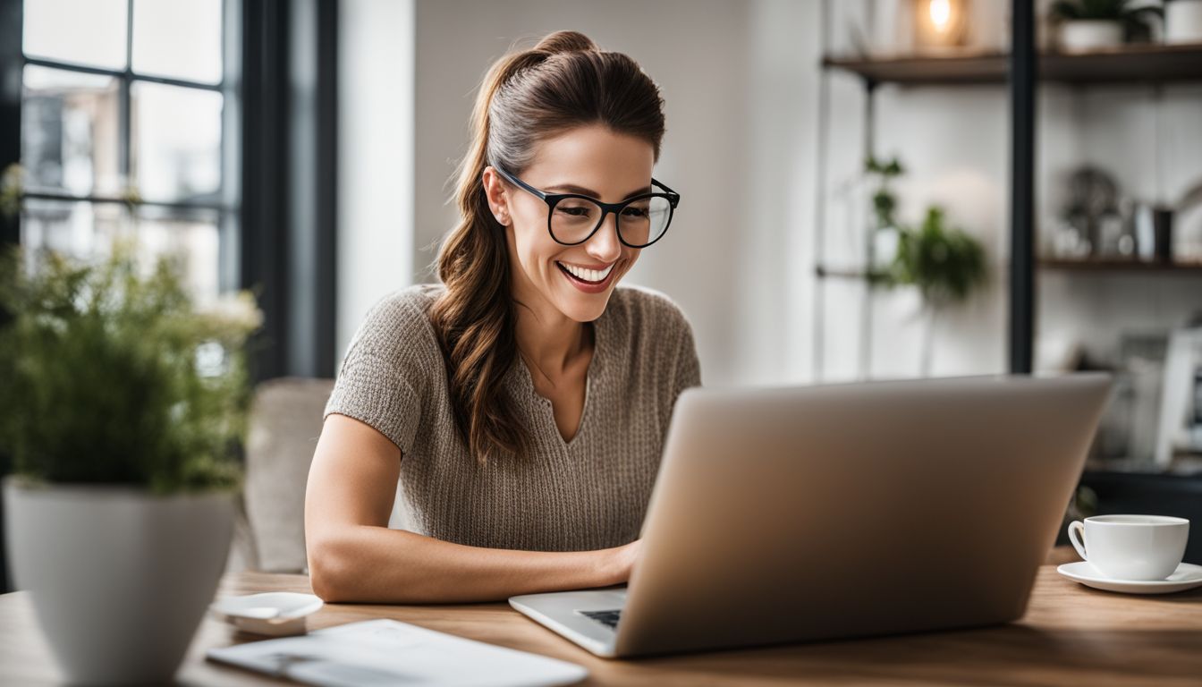 A person in a home office environment smiling at successful affiliate marketing results on a laptop. A person in a home office environment smiling at successful affiliate marketing results on a laptop.