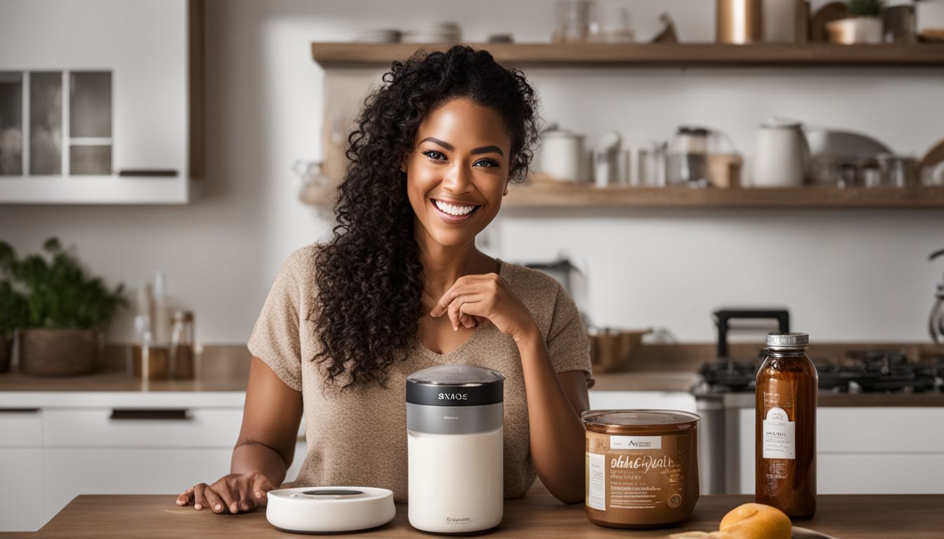A woman smiling while holding a product in a well-lit kitchen. A woman smiling while holding a product in a well-lit kitchen.