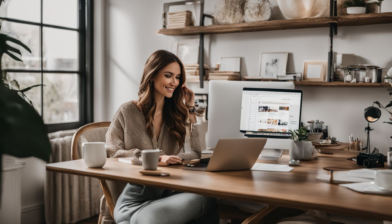 A woman working at her home office desk surrounded by Pinterest and affiliate marketing materials. A woman working at her home office desk surrounded by Pinterest and affiliate marketing materials.