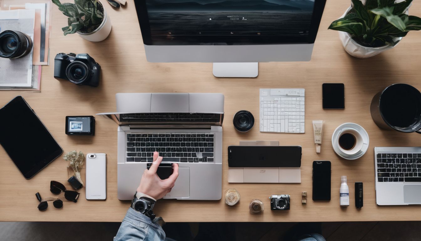 A flatlay of affiliate marketing products on a stylish desk with cityscape photography as background. A flatlay of affiliate marketing products on a stylish desk with cityscape photography as background.