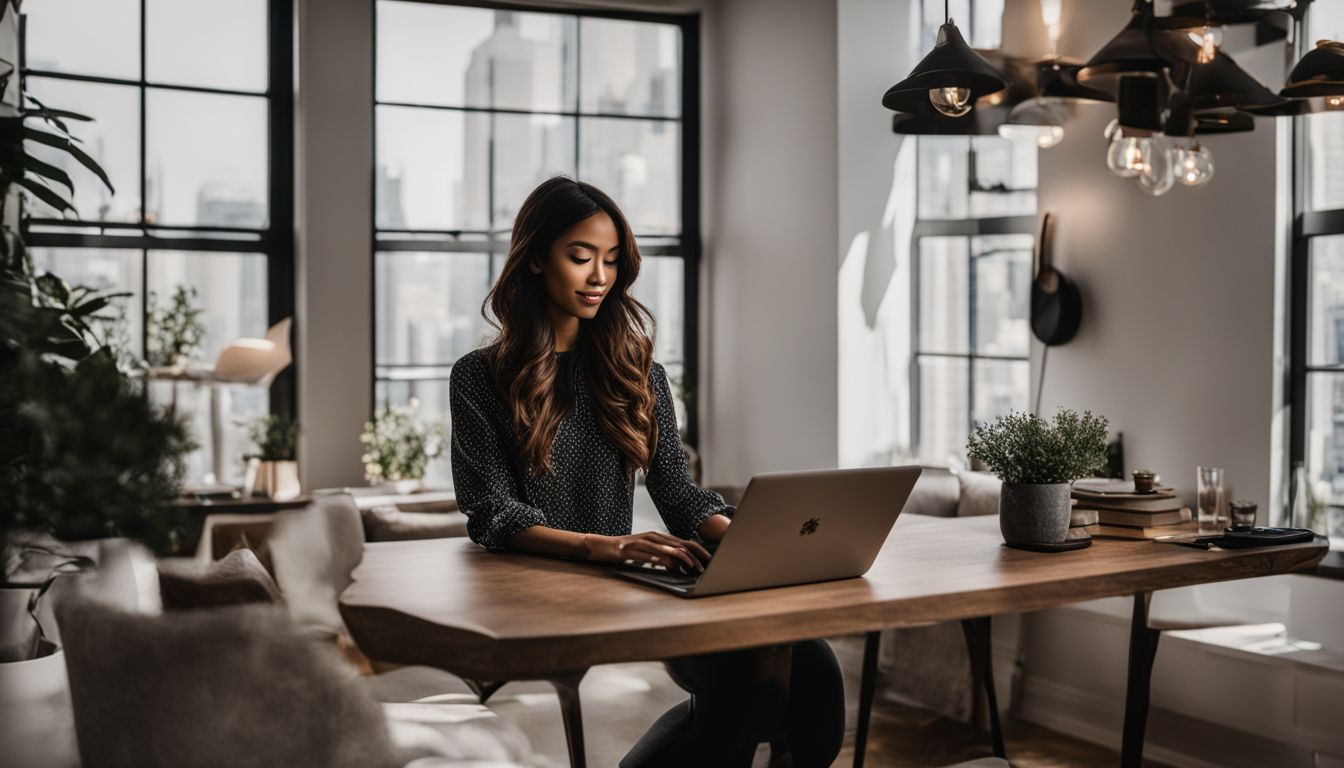 A person updating their Pinterest profile in a stylish home office with a cityscape view. A person updating their Pinterest profile in a stylish home office with a cityscape view.