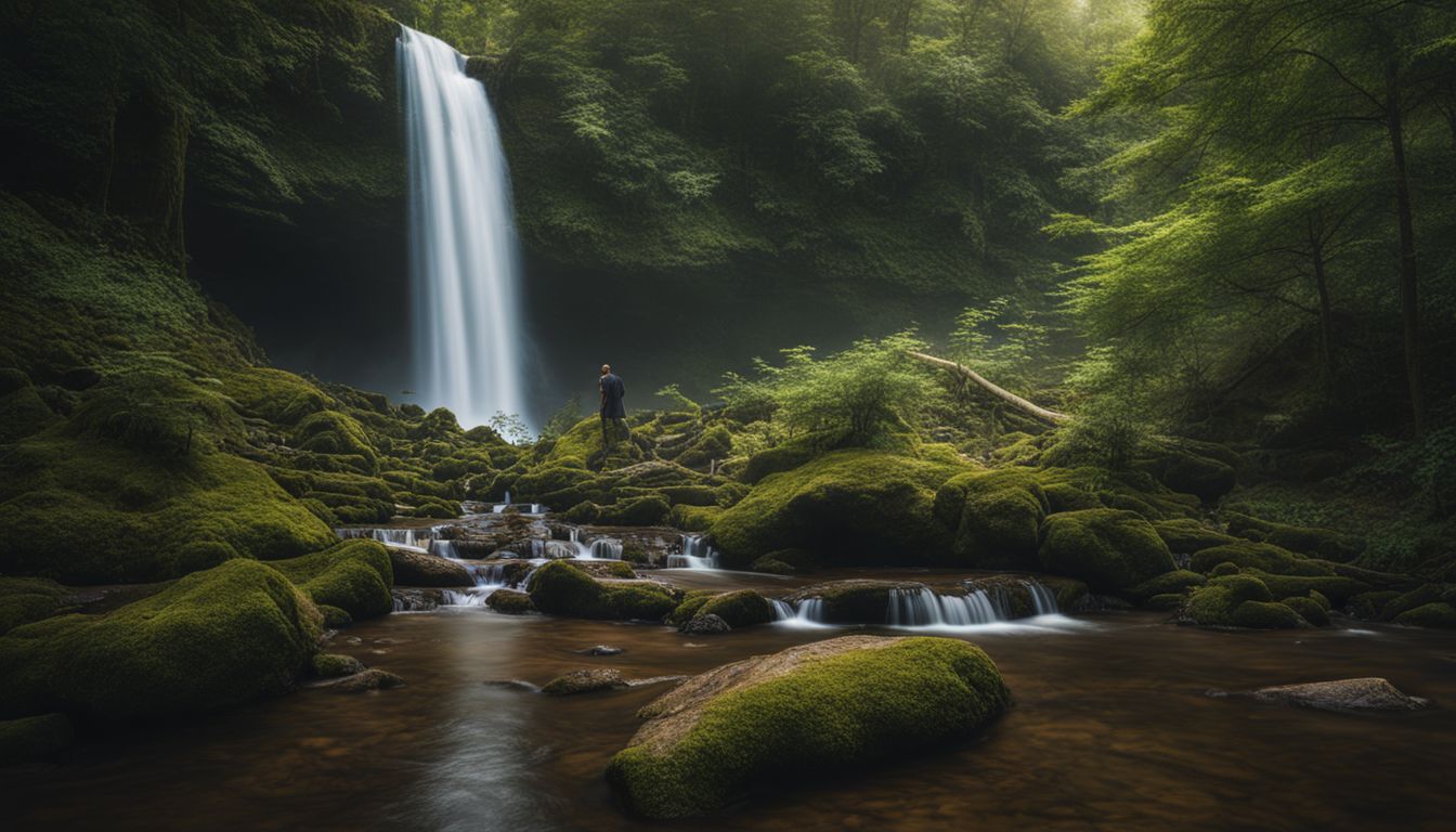 A tranquil waterfall in a lush forest setting, captured in nature photography with different people and outfits. A tranquil waterfall in a lush forest setting, captured in nature photography with different people and outfits.