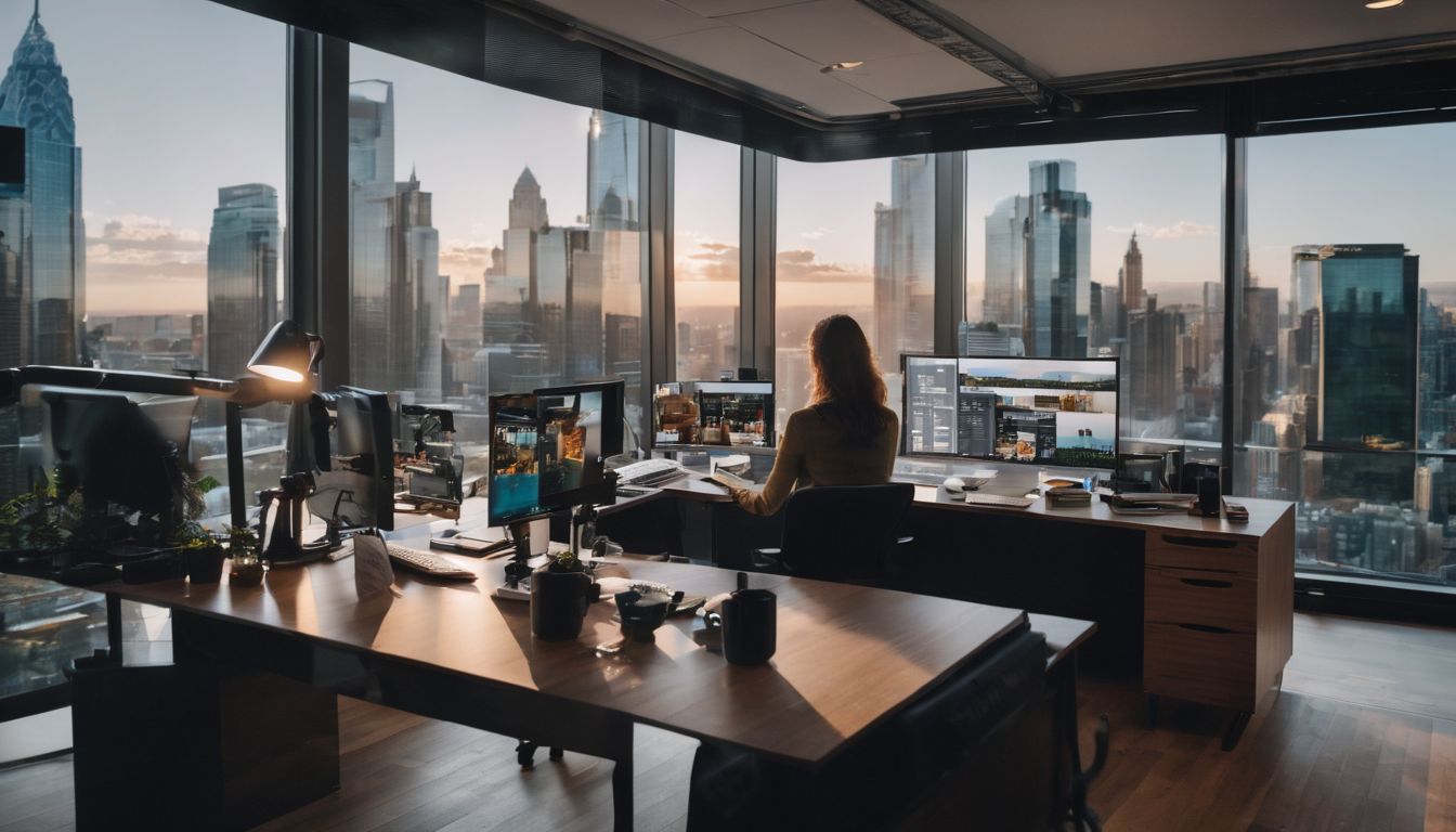A person working in a bustling office setting, using a computer to send emails. A person working in a bustling office setting, using a computer to send emails.