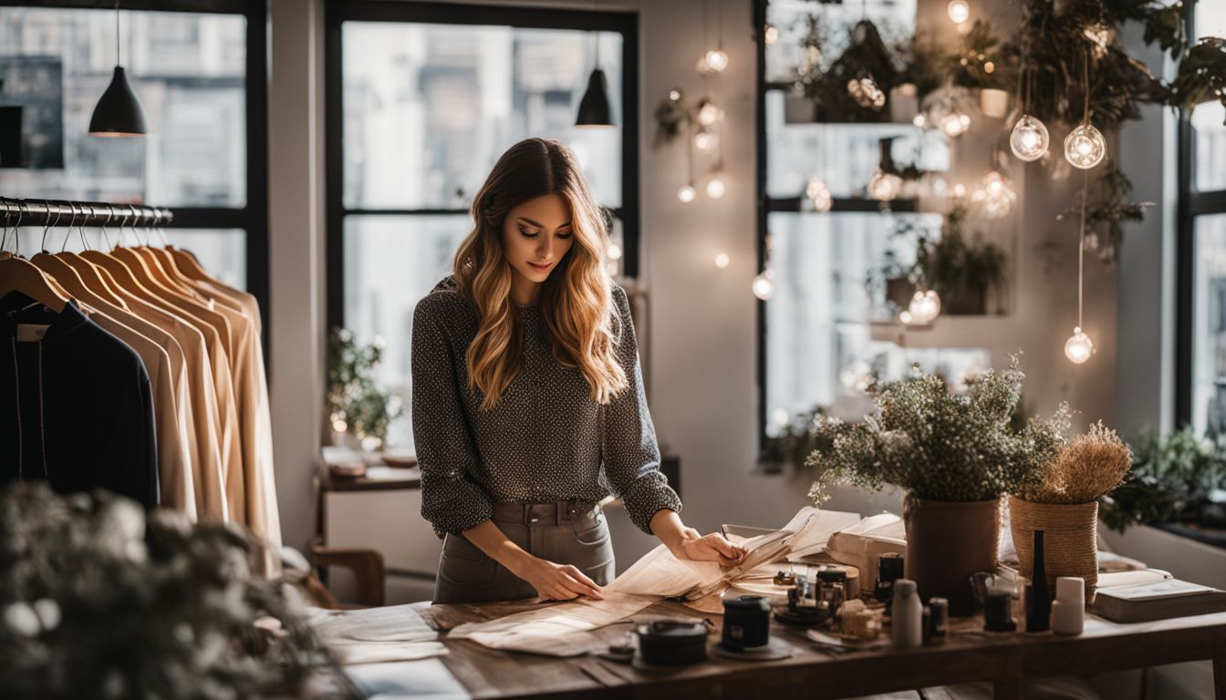 A woman curates affiliate products on a stylish Pinterest board with cityscape photography and a variety of faces and outfits. A woman curates affiliate products on a stylish Pinterest board with cityscape photography and a variety of faces and outfits.