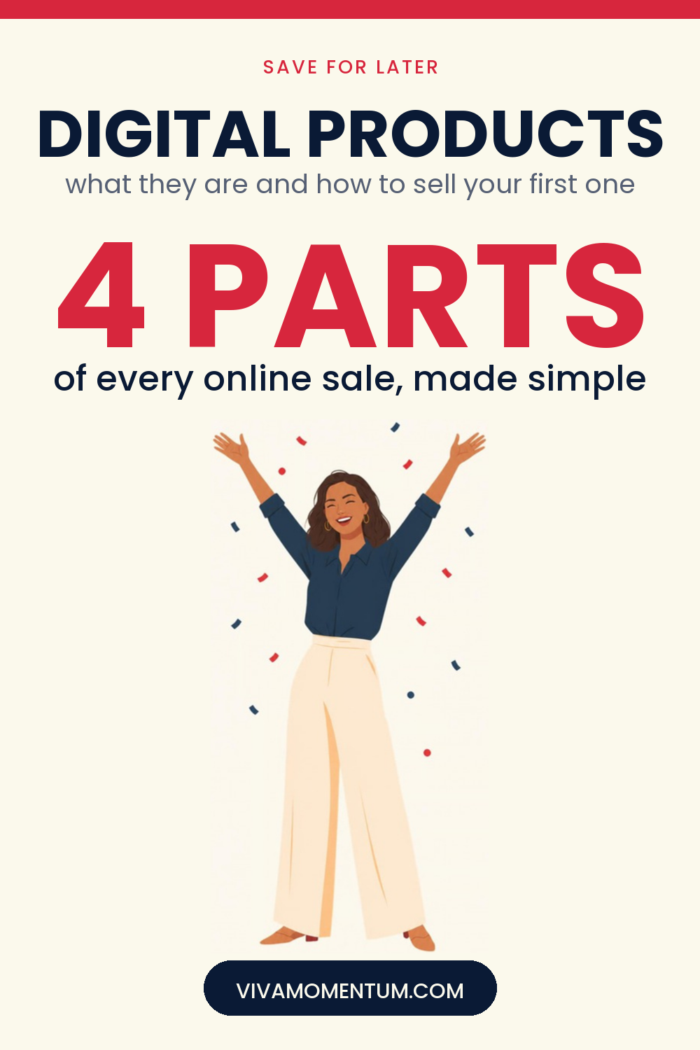 Pinterest image: V, the VivaMomentum character, throwing her arms up in celebration, with the title Digital Products - what they are and how to sell your first one