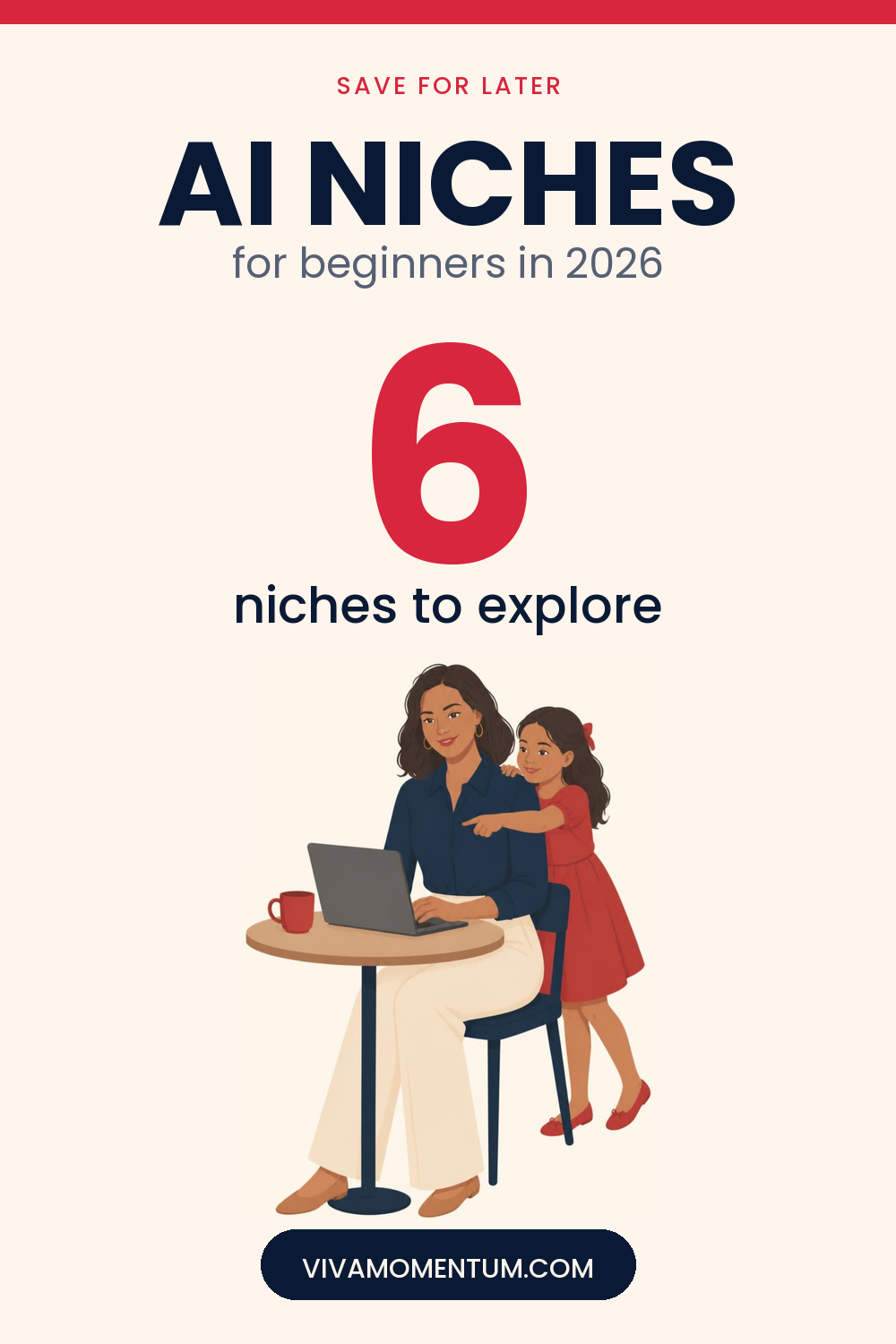 Pinterest image for the VivaMomentum article 6 AI Niches for Beginners, with the illustrated VivaMomentum character