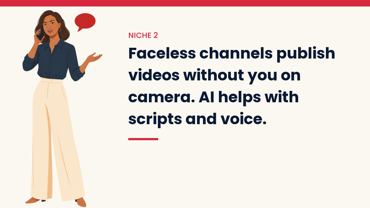 Illustrated VivaMomentum character beside the words: Faceless channels publish videos without you on camera. AI helps with scripts and voice.