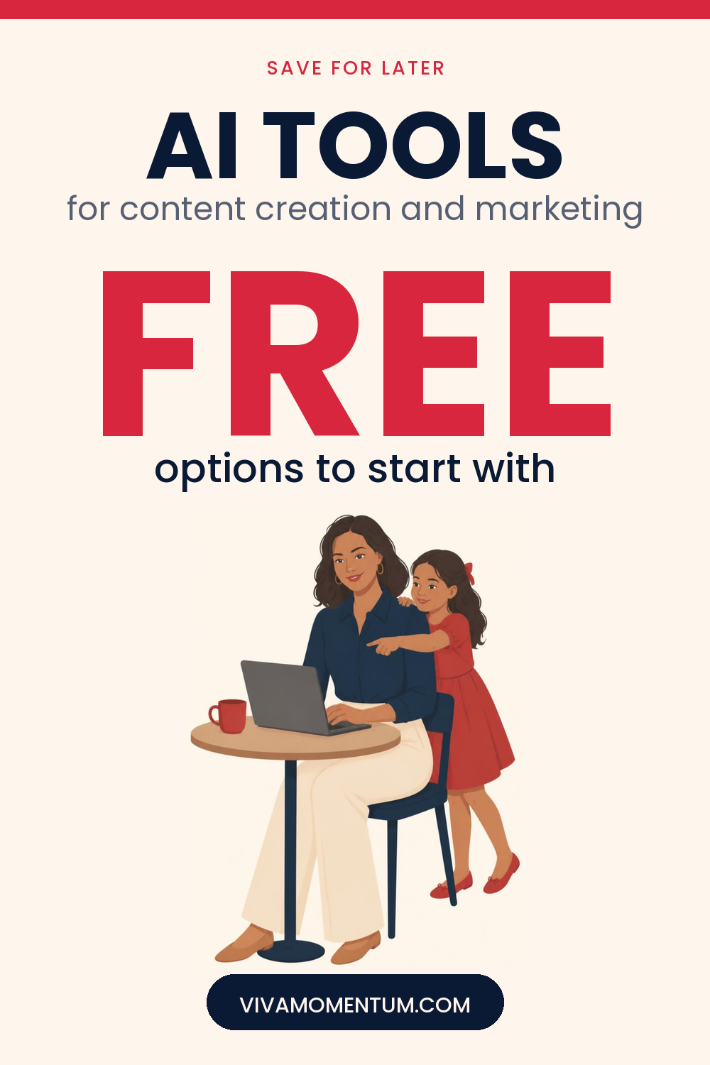 Pinterest image for the VivaMomentum article AI Tools for Content Creation, with the illustrated VivaMomentum character