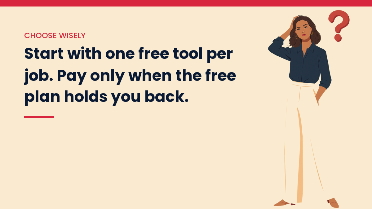 Illustrated VivaMomentum character beside the words: Start with one free tool per job. Pay only when the free plan holds you back.