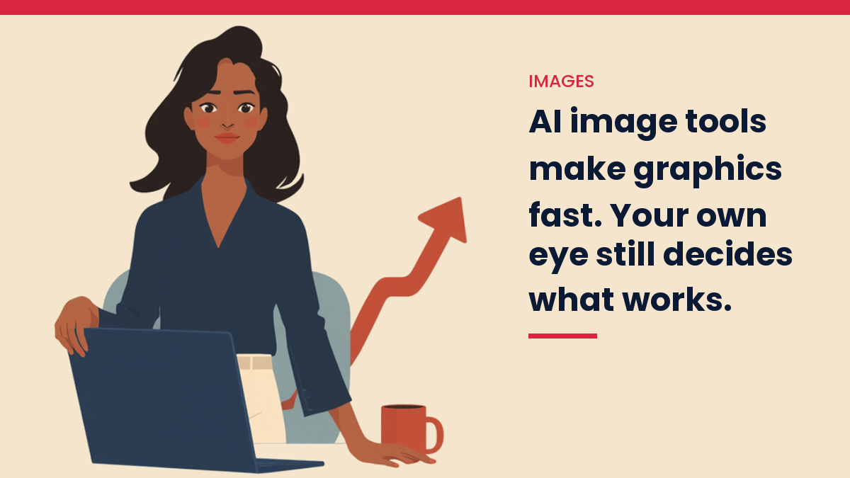 Illustrated VivaMomentum character beside the words: AI image tools make graphics fast. Your own eye still decides what works.