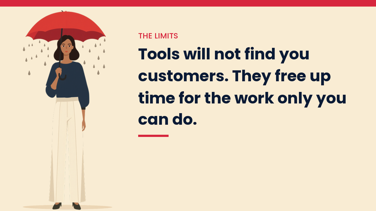 Illustrated VivaMomentum character beside the words: Tools will not find you customers. They free up time for the work only you can do.