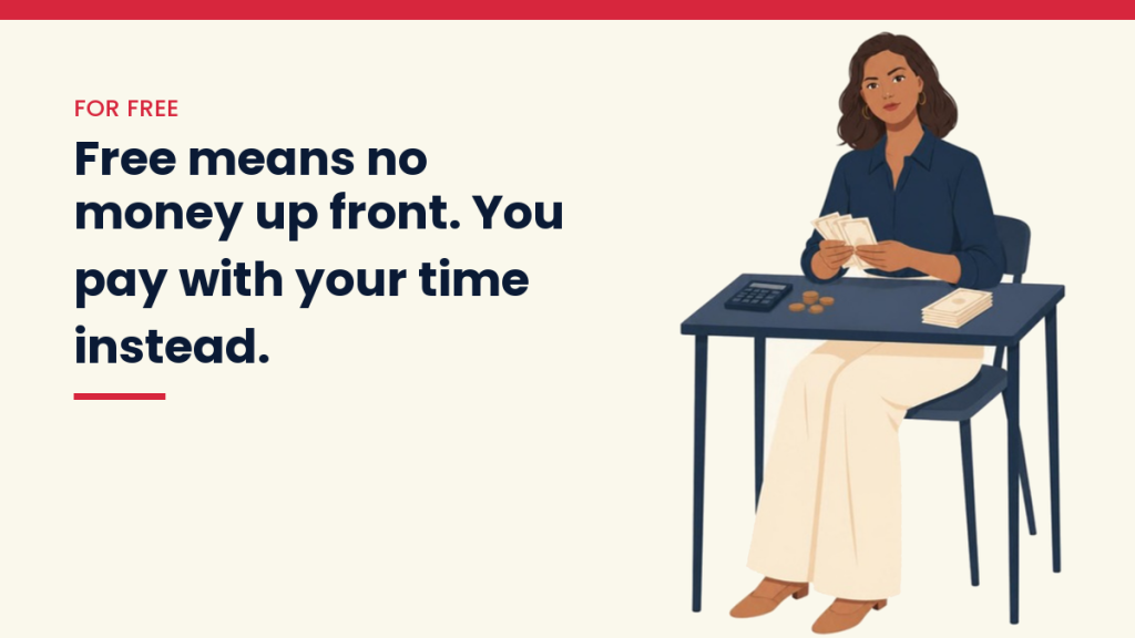 V, the VivaMomentum guide, counting money at her desk, next to the words: Free means no money up front. You pay with your time instead.