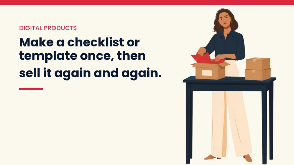 V, the VivaMomentum guide, packing orders into boxes, next to the words: Make a checklist or template once, then sell it again and again.