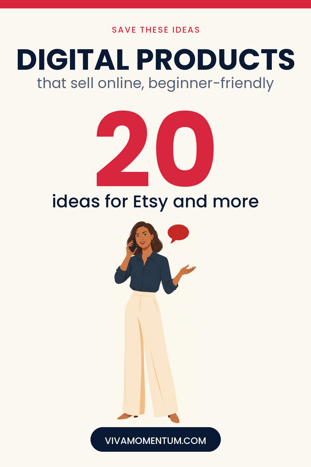 Pinterest image for the VivaMomentum article 20 Digital Products That Sell Online, with the illustrated VivaMomentum character