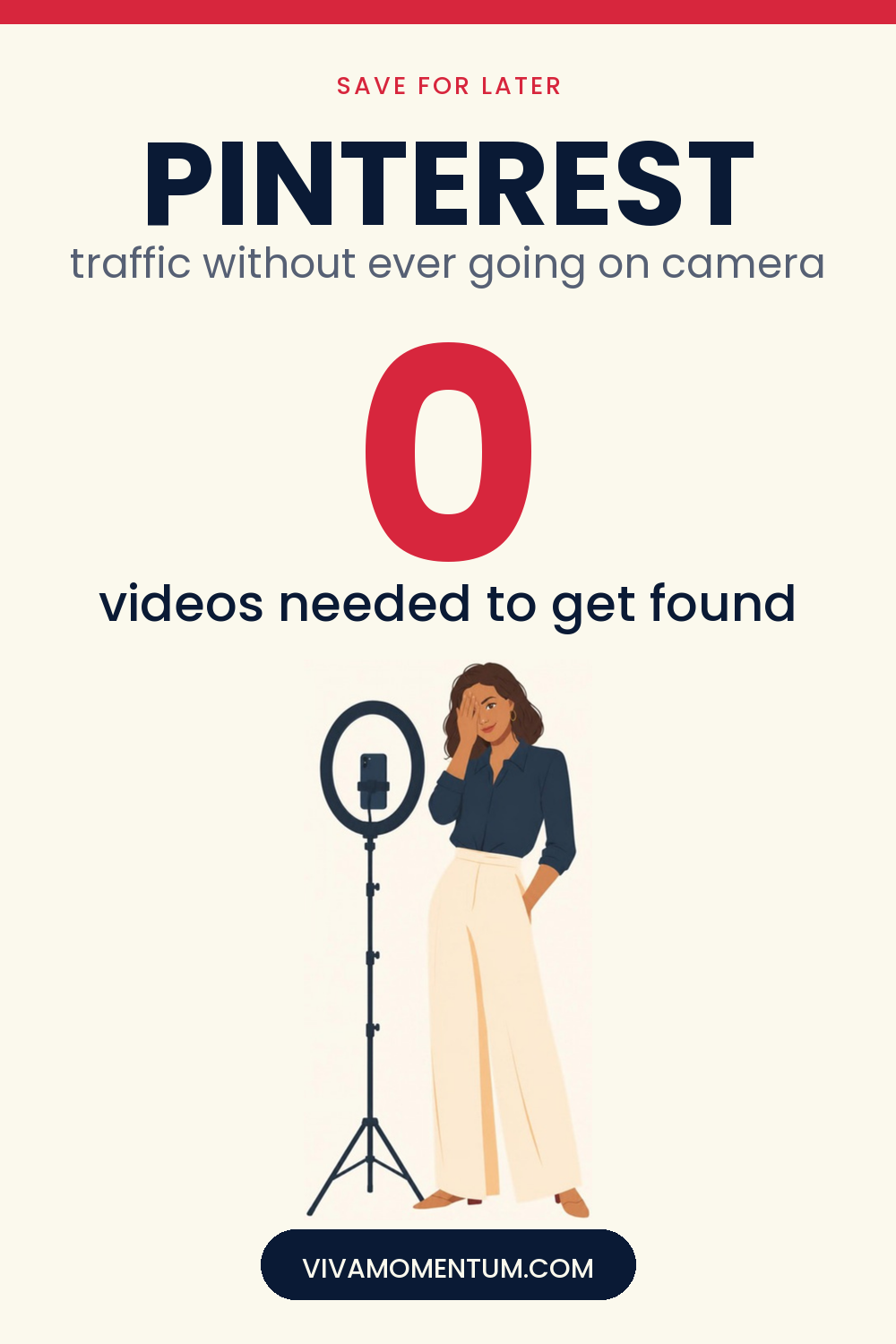 Pinterest pin for Why Pinterest Is a Traffic Source That Doesn't Punish You for Being Camera-Shy: V, the VivaMomentum character, hiding her face from a phone on a ring light