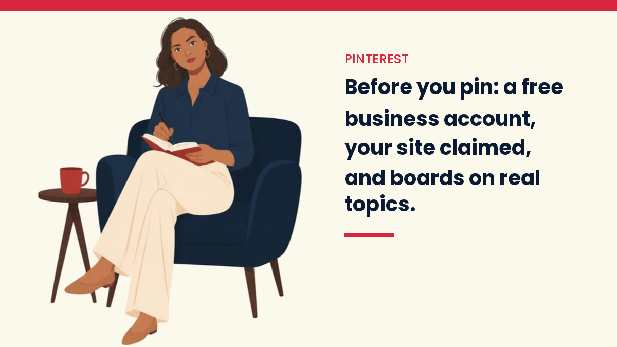 V, the VivaMomentum character, sitting in an armchair writing in a notebook, with the words: Before you pin: a free business account, your site claimed, and boards on real topics.