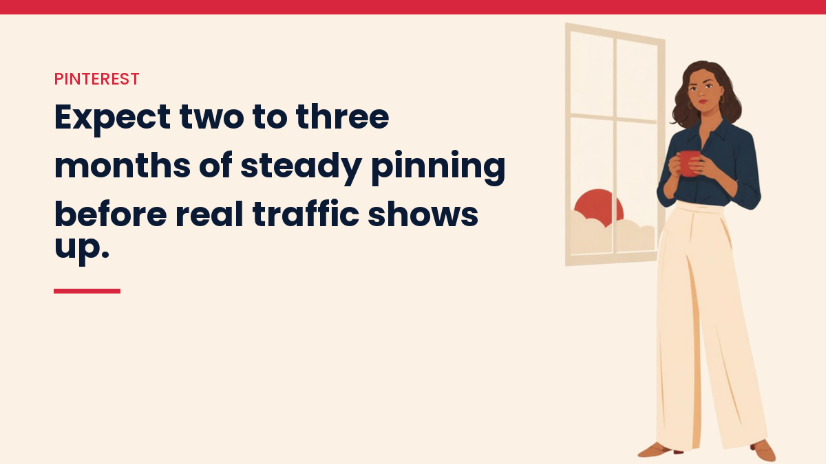 V, the VivaMomentum character, holding a mug of coffee by a window, with the words: Expect two to three months of steady pinning before real traffic shows up.