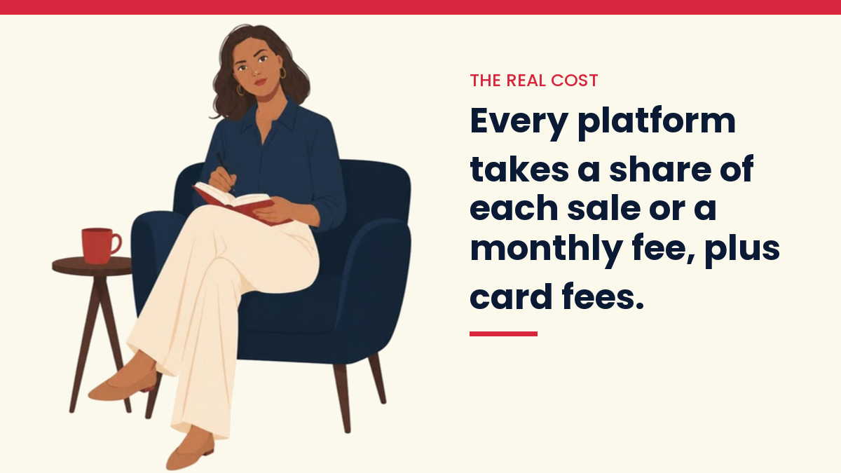 V, the VivaMomentum mascot, writing in a notebook in an armchair, next to the words: Every platform takes a share of each sale or a monthly fee, plus card fees.