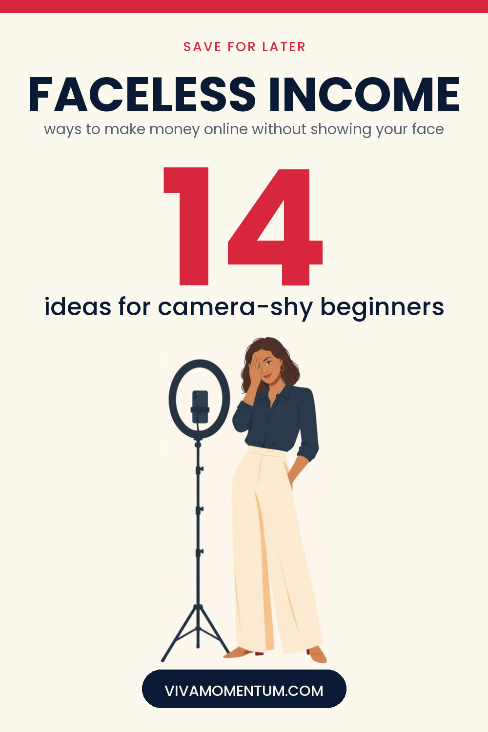 Pinterest image for 14 Ways to Make Money Online Without Showing Your Face: V, the VivaMomentum character, hiding from a camera